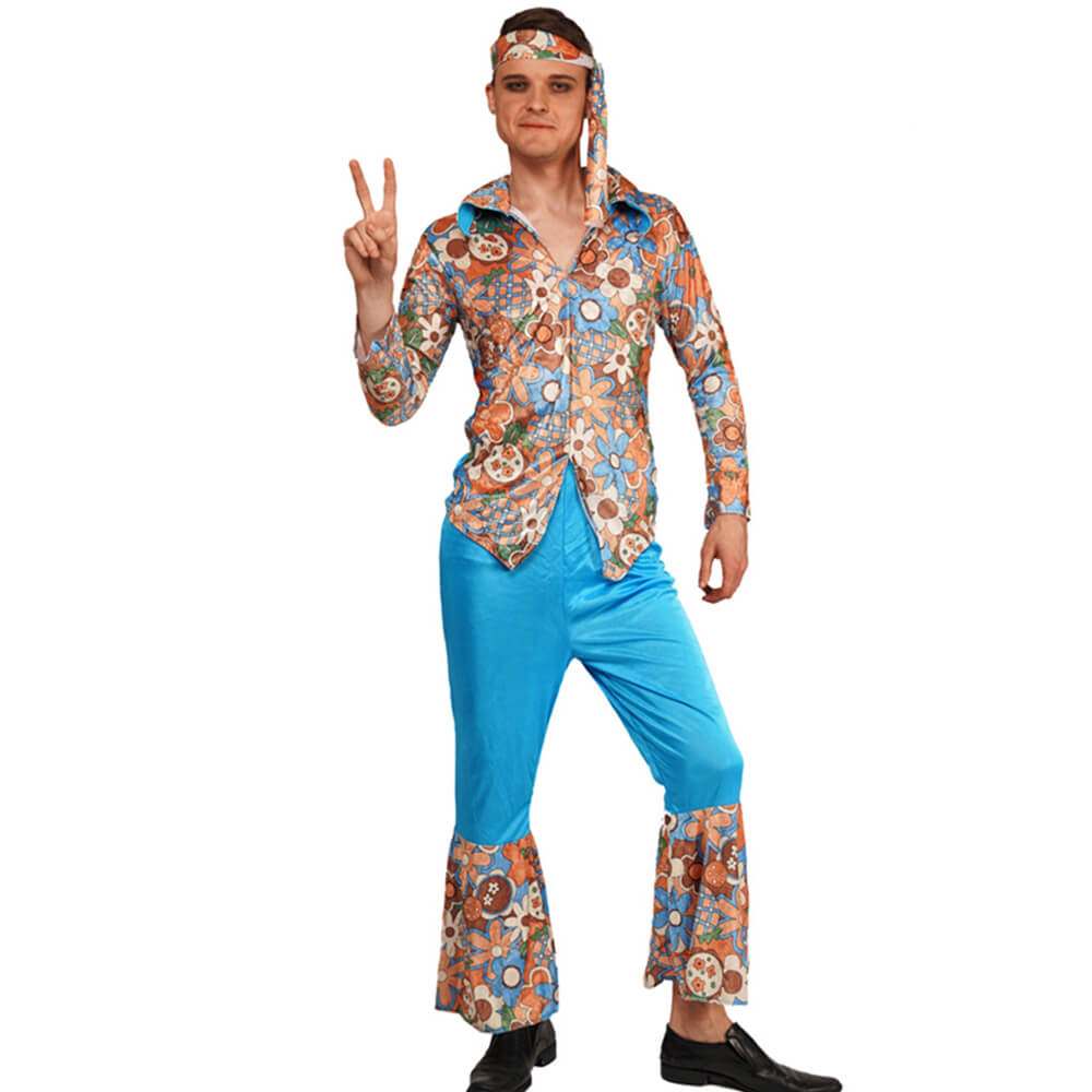 Mens Hippie Costume 1970s 80s Adult Disco Outfit Retro Rock Dress Up Suit for Themed Parties