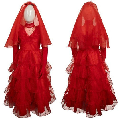 Girls Lydia Deetz Red Dress Beetle Bride Cosplay Costume Gothic Halloween Outfit