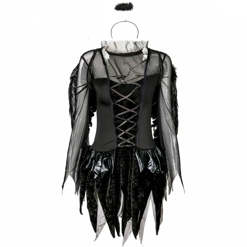 Women Vampire Costume Ghost Bride Dark Angel Tutu Dress with wings Set Gothic Sexy Cosplay Dress