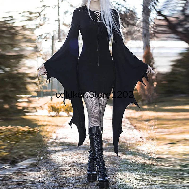 Medieval Vampire Cosplay Costume Women Sexy Slim Gothic Black Dress Vintage Bat Sleeve Witch Halloween Carnival Party Dresses