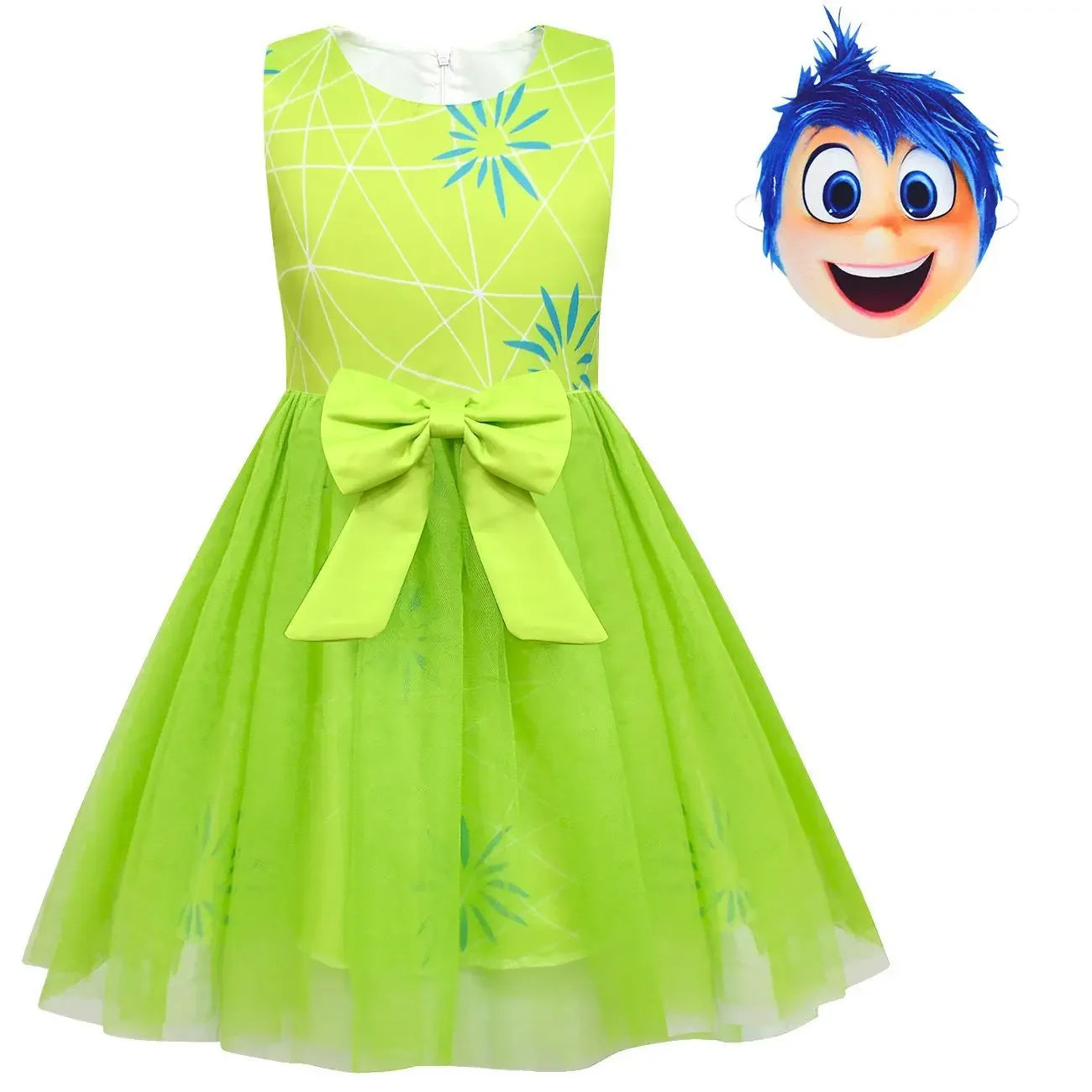 High Quality Inside Out Joy Cosplay Costume Princess Bow Dress Wig/Mask Girls Halloween Carnival Birthday Movie Disgust Dress Up