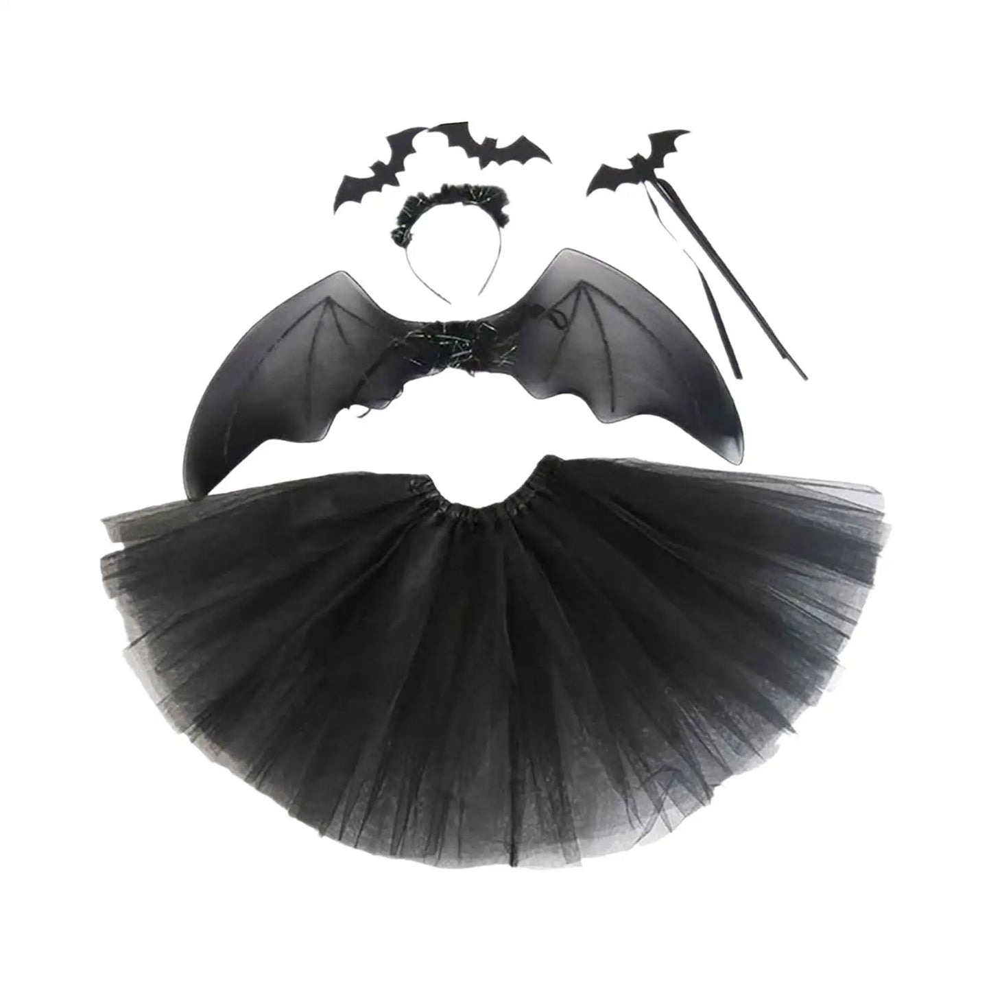 Bat Cosplay Outfit 4-Pieces Set Headband Bat Wing Tutu Dress and Wand For Halloween Costume