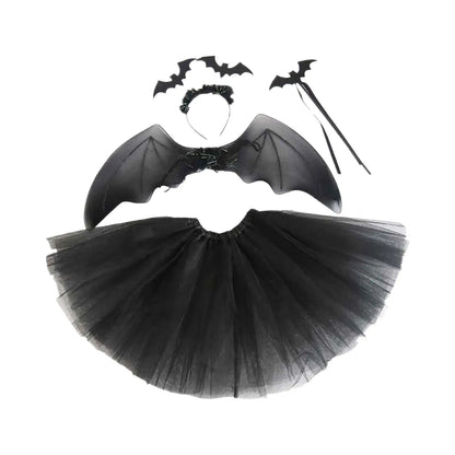 Bat Cosplay Outfit 4-Pieces Set Headband Bat Wing Tutu Dress and Wand For Halloween Costume