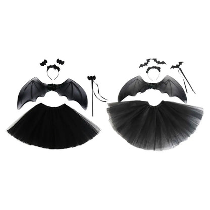 Bat Cosplay Outfit 4-Pieces Set Headband Bat Wing Tutu Dress and Wand For Halloween Costume