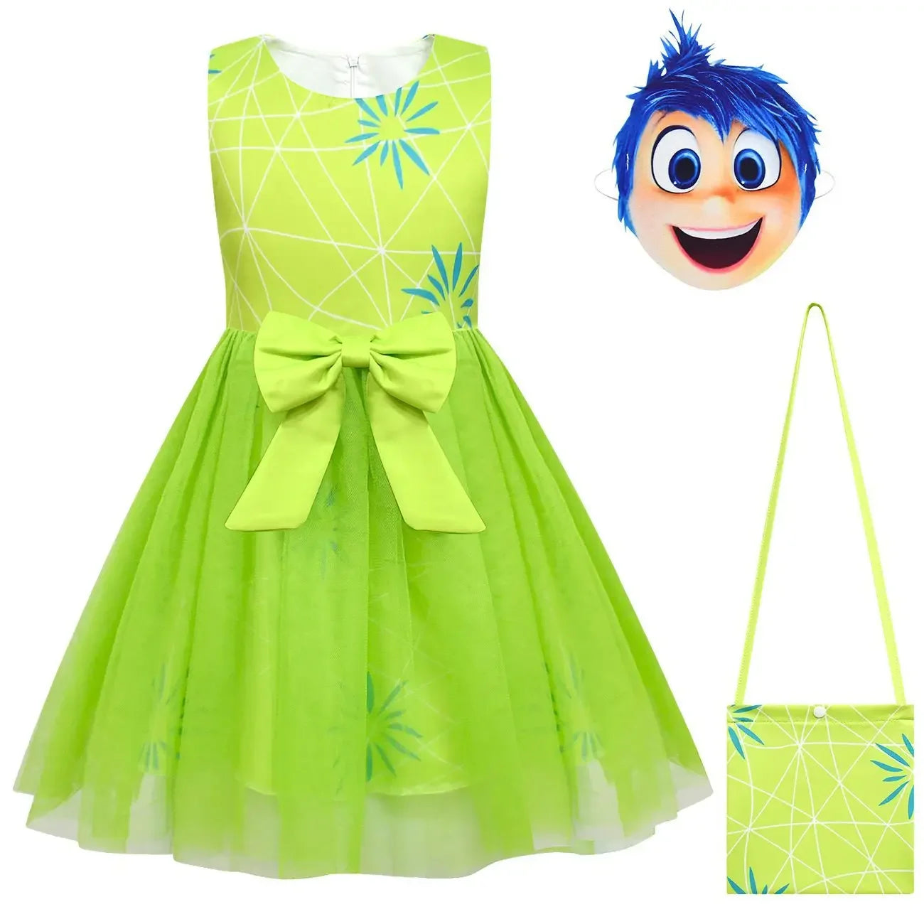 High Quality Inside Out Joy Cosplay Costume Princess Bow Dress Wig/Mask Girls Halloween Carnival Birthday Movie Disgust Dress Up