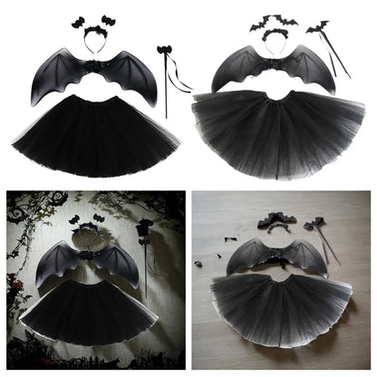 Bat Cosplay Outfit 4-Pieces Set Headband Bat Wing Tutu Dress and Wand For Halloween Costume