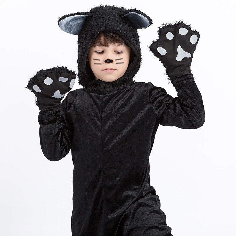 Black Cat Cosplay Girls Boys Costume Animal Onesie Suit with Gloves and Hat