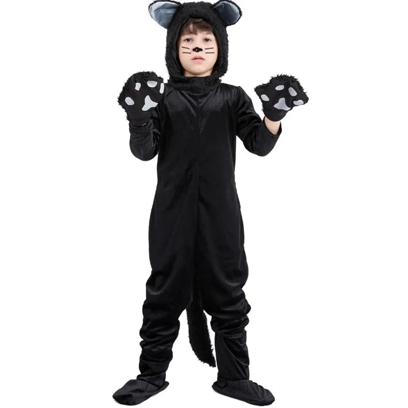 Black Cat Cosplay Girls Boys Costume Animal Onesie Suit with Gloves and Hat