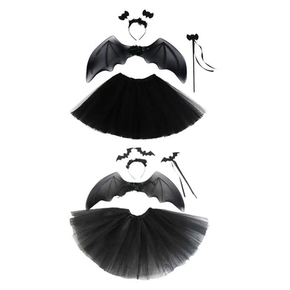 Bat Cosplay Outfit 4-Pieces Set Headband Bat Wing Tutu Dress and Wand For Halloween Costume