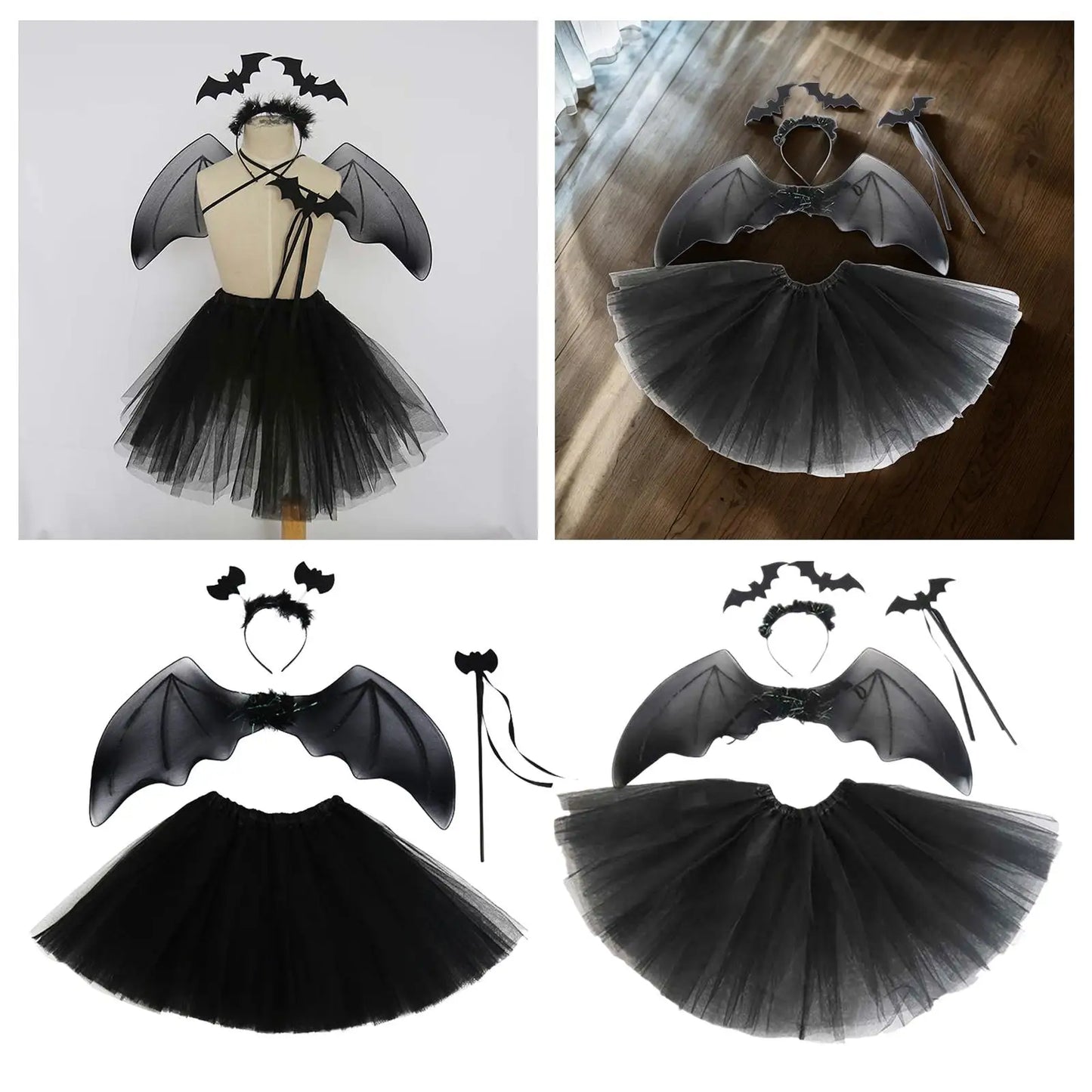 Bat Cosplay Outfit 4-Pieces Set Headband Bat Wing Tutu Dress and Wand For Halloween Costume