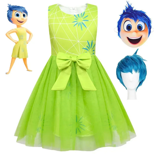 High Quality Inside Out Joy Cosplay Costume Princess Bow Dress Wig/Mask Girls Halloween Carnival Birthday Movie Disgust Dress Up