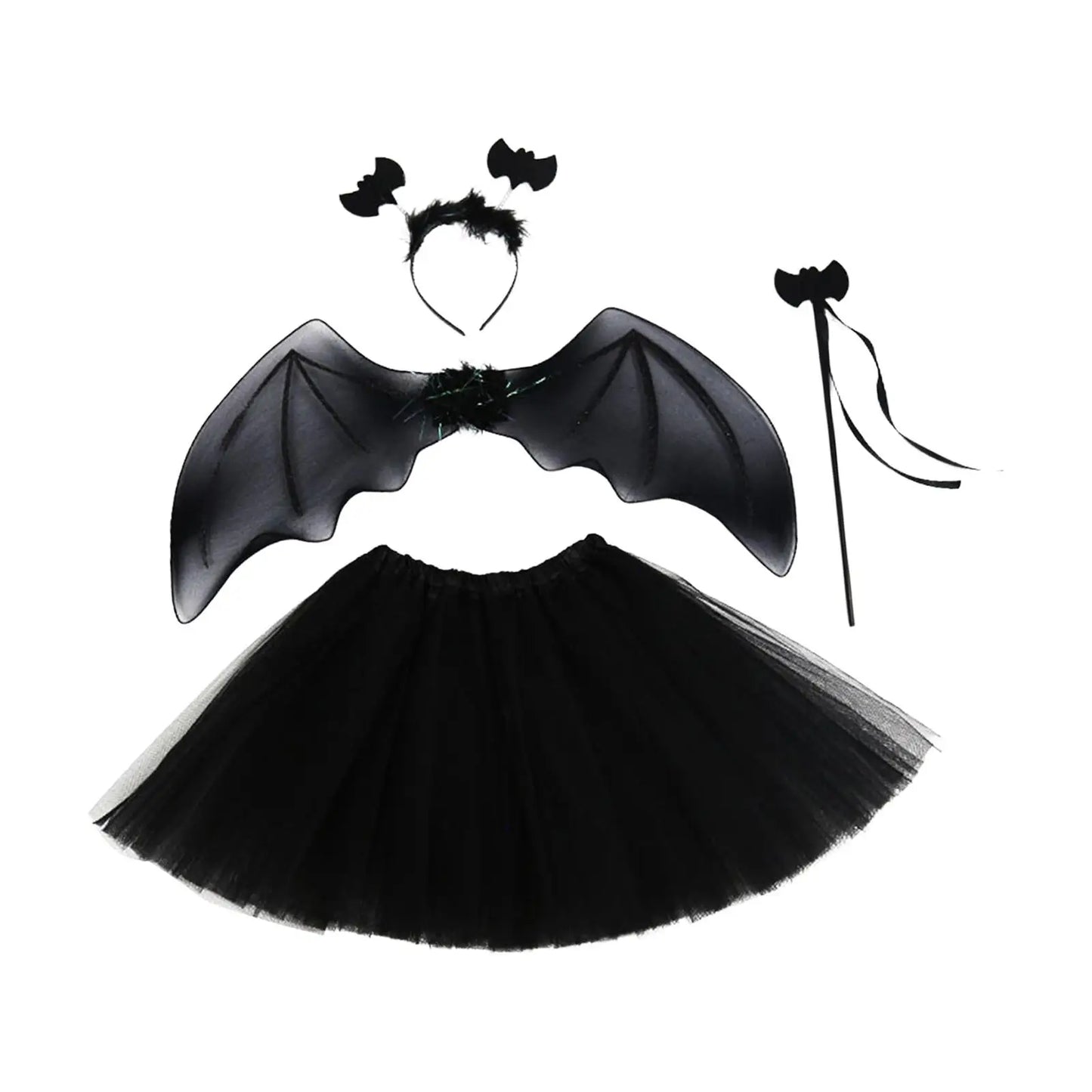 Bat Cosplay Outfit 4-Pieces Set Headband Bat Wing Tutu Dress and Wand For Halloween Costume