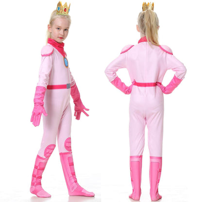 Peach Costume Girls Princess Outfit Super Brother Jumpsuit with Crown Gloves for Halloween Party