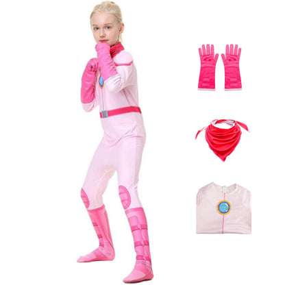 Peach Costume Girls Princess Outfit Super Brother Jumpsuit with Crown Gloves for Halloween Party