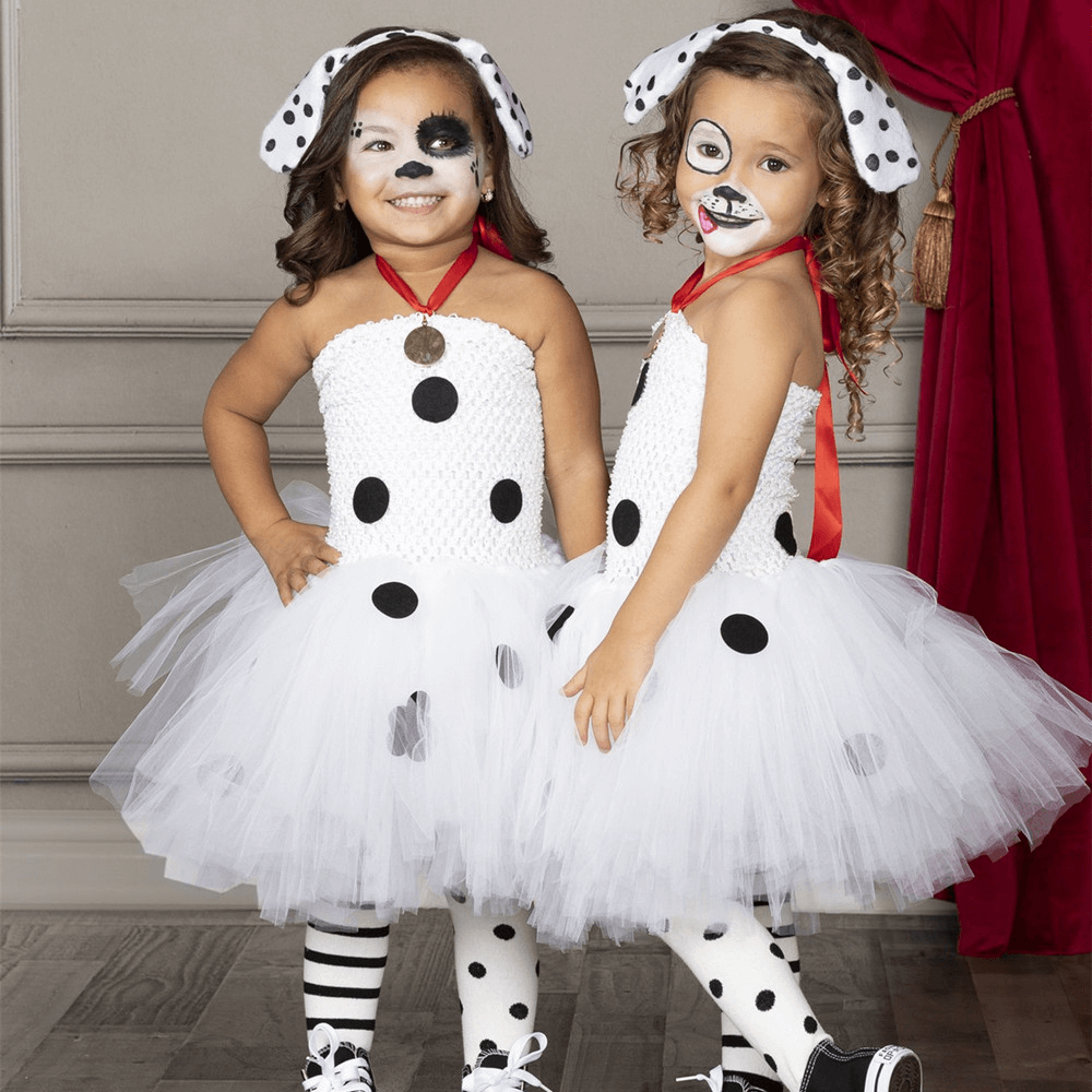 Childrens Cruella Costume Girls White Polka Dot Tutu Dress with Headband