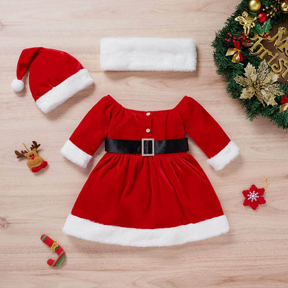 Toddler Baby Girls Christmas Outfit Santa Claus Baby Costume Long Sleeve Red Dress With Hat