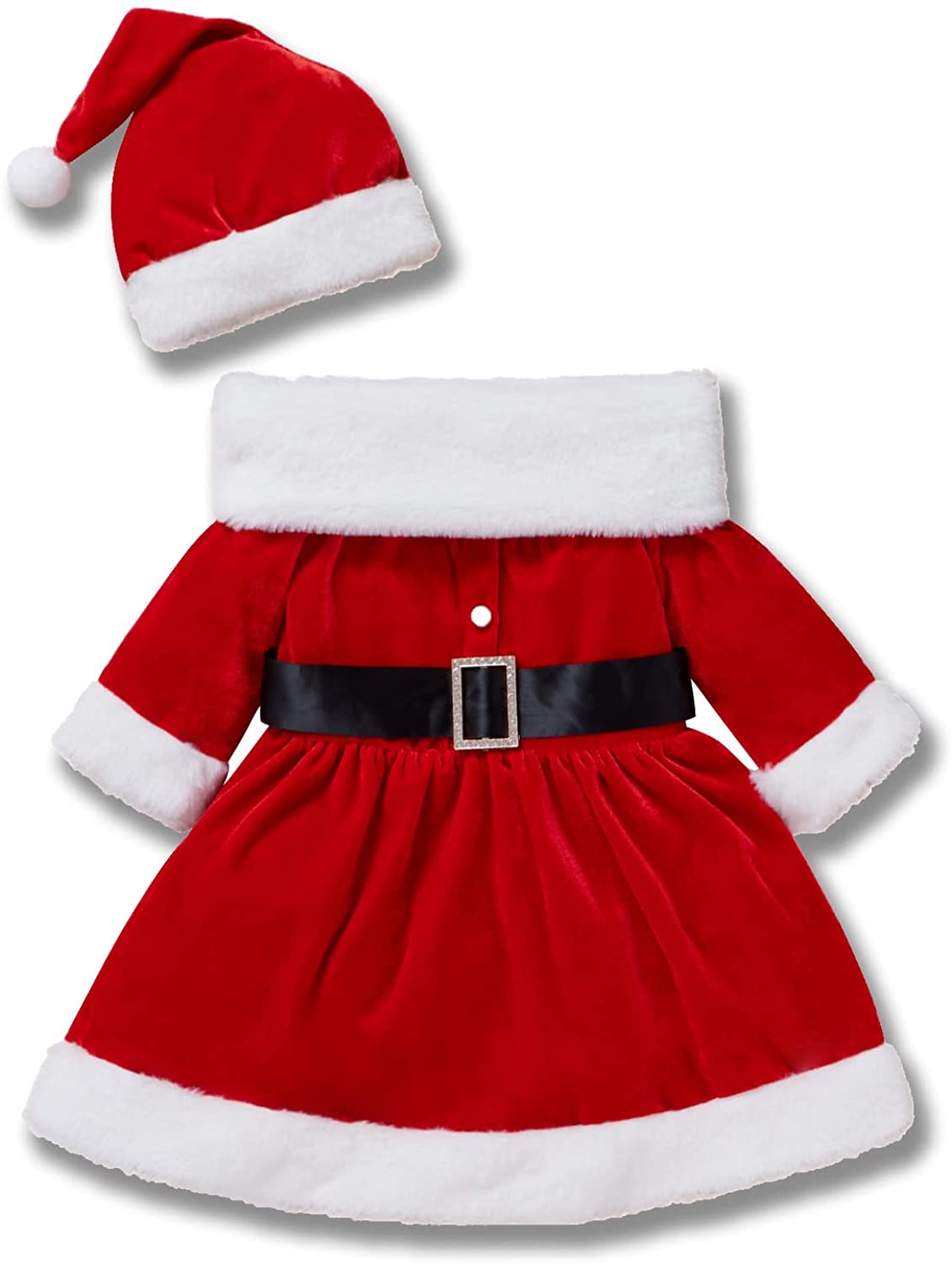 Toddler Baby Girls Christmas Outfit Santa Claus Baby Costume Long Sleeve Red Dress With Hat