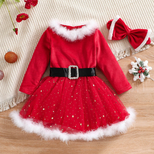 Toddler Baby Girls Santa Dress Red Christmas Long Sleeve Winter Dress with Headwear