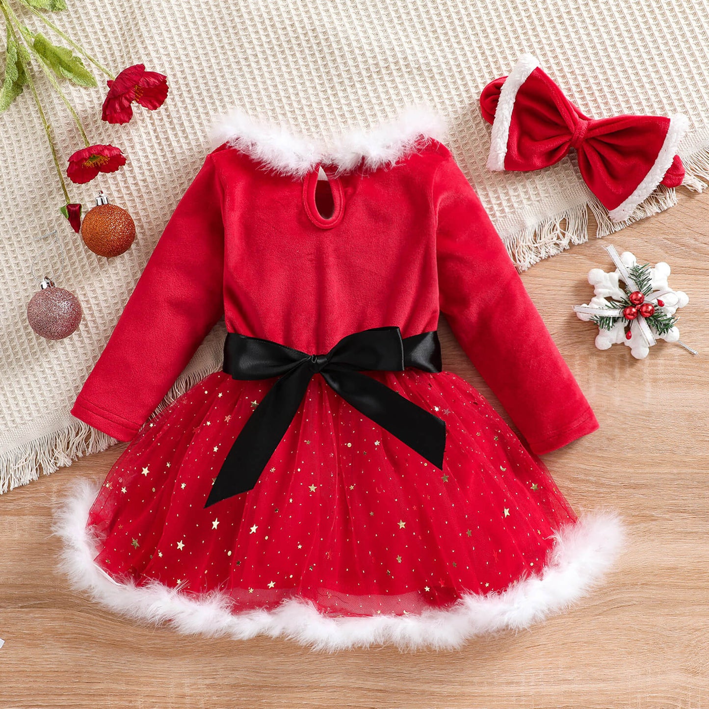 Toddler Baby Girls Santa Dress Red Christmas Long Sleeve Winter Dress with Headwear