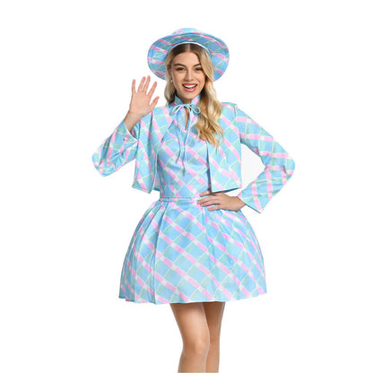 Movie Margot Robbie Plaid Blue Dress Women Barbara Doll Cosplay Outfit Halloween Costume