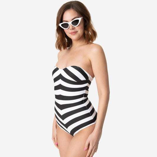 Women Swim Suit Black White Chevron Stripe One Piece Bathing Suit with Sunglasses and Earrings