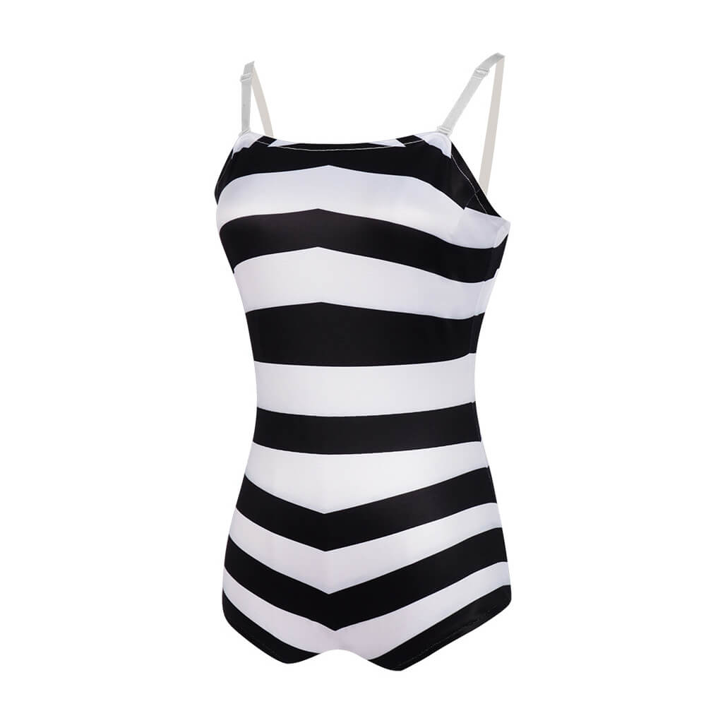 Women Swim Suit Black White Chevron Stripe One Piece Bathing Suit with Sunglasses and Earrings