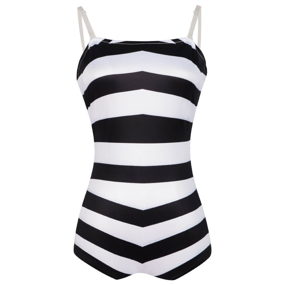 Women Swim Suit Black White Chevron Stripe One Piece Bathing Suit with Sunglasses and Earrings