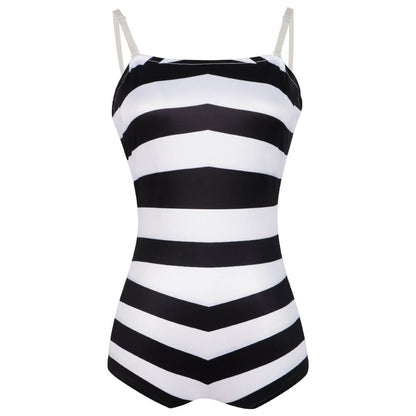 Women Swim Suit Black White Chevron Stripe One Piece Bathing Suit with Sunglasses and Earrings