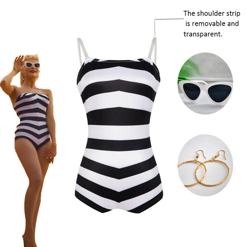 Women Swim Suit Black White Chevron Stripe One Piece Bathing Suit with Sunglasses and Earrings