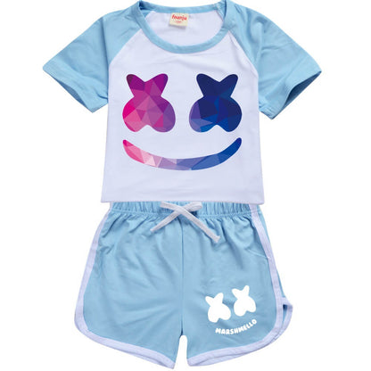 Kids DJ Marshmallow Tracksuits Smiley Face T-Shirt and Shorts 2pcs Outfit  for Boys and Girls