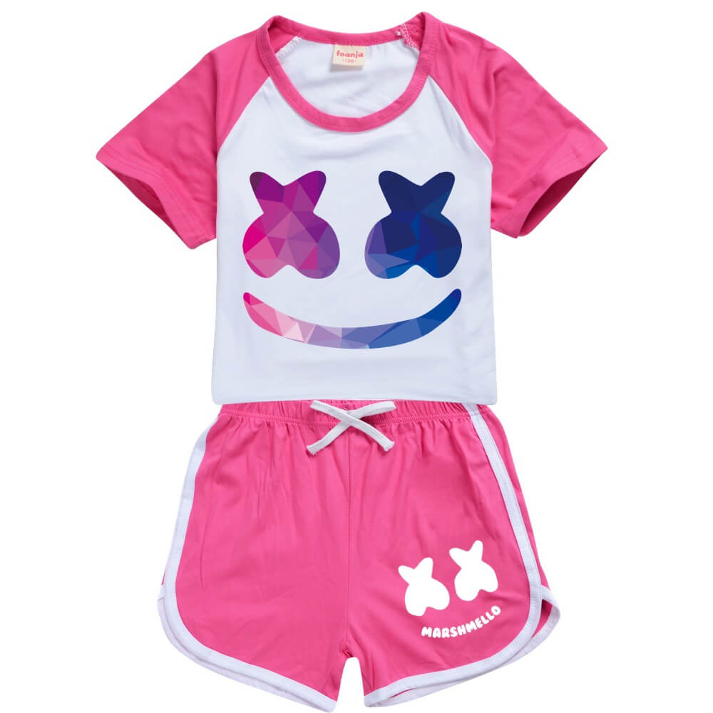 Kids DJ Marshmallow Tracksuits Smiley Face T-Shirt and Shorts 2pcs Outfit  for Boys and Girls