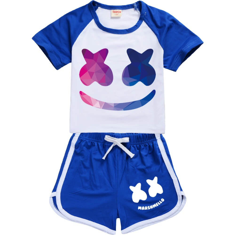 Kids DJ Marshmallow Tracksuits Smiley Face T-Shirt and Shorts 2pcs Outfit  for Boys and Girls