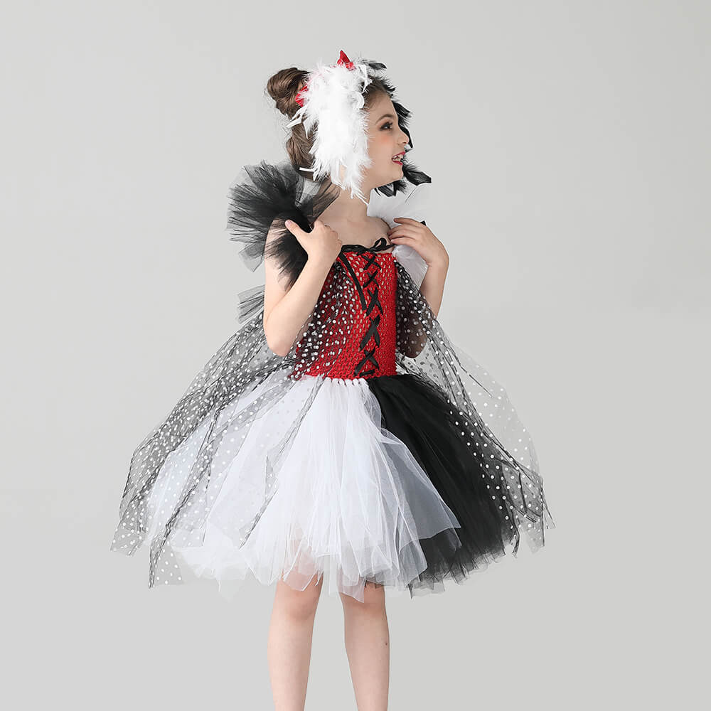 Kids Spots Tutu Dress with Headband for Girls Halloween Cosplay