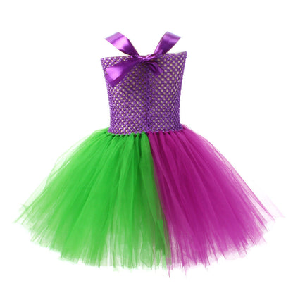 Girls Horror Clown Costume Crazy Joker Outfit Scary Purple Tutu Dress and Gloves for Dress Up Party