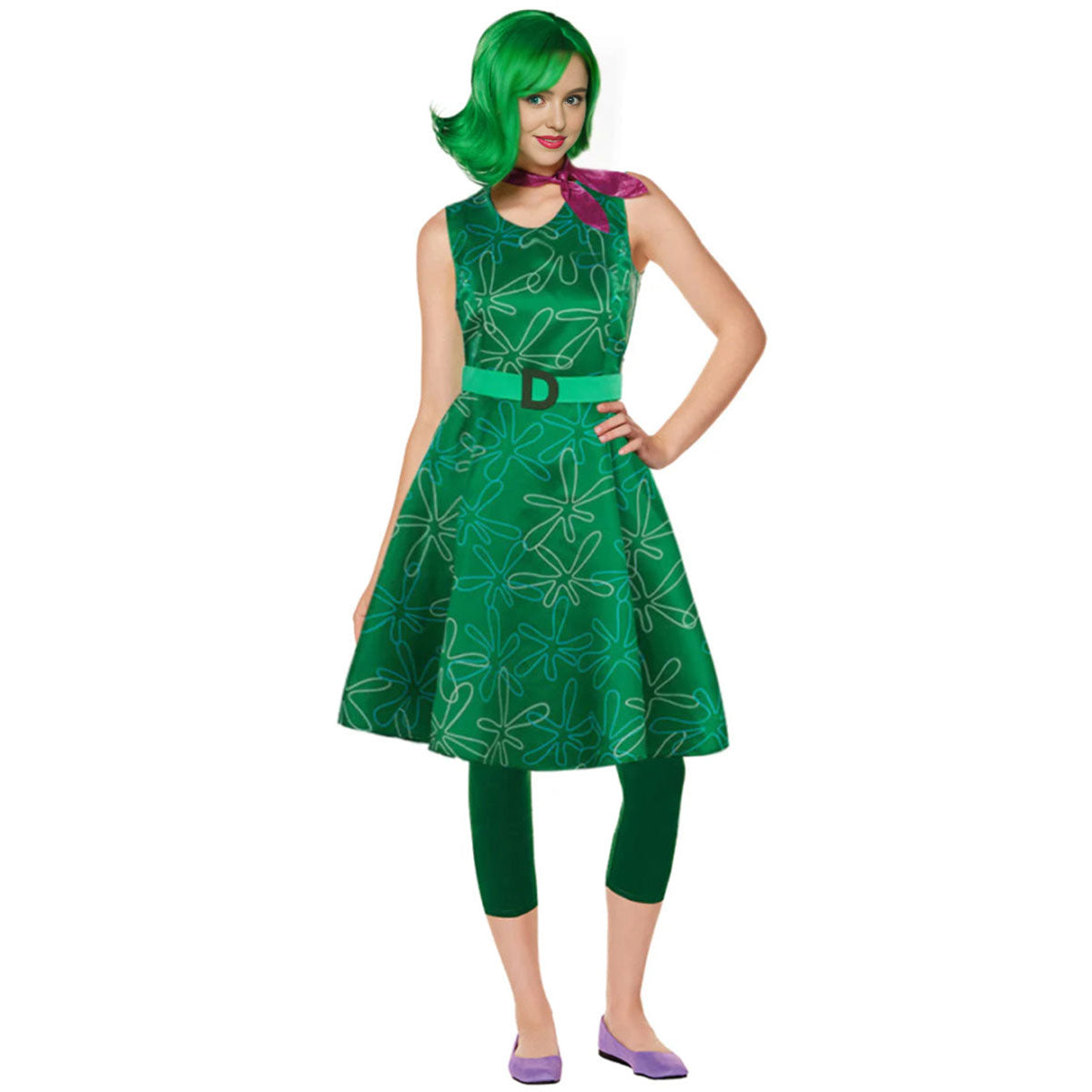 Green Disgust Dress with Matching Leggings and Scarf Adult Sleeveless High Waist Disgust Costume Set