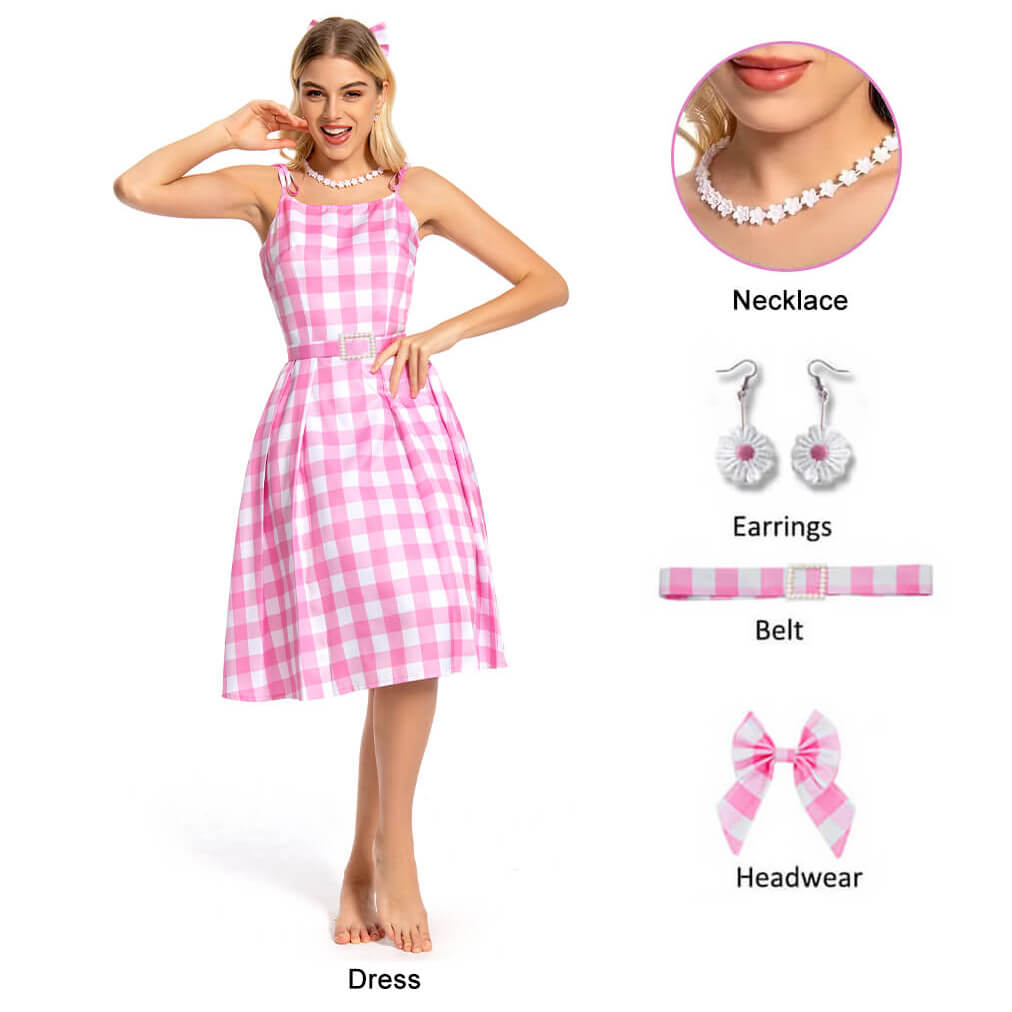 Movie Outfits Doll Babara Pink Plaid Dress with Earrings and Necklace