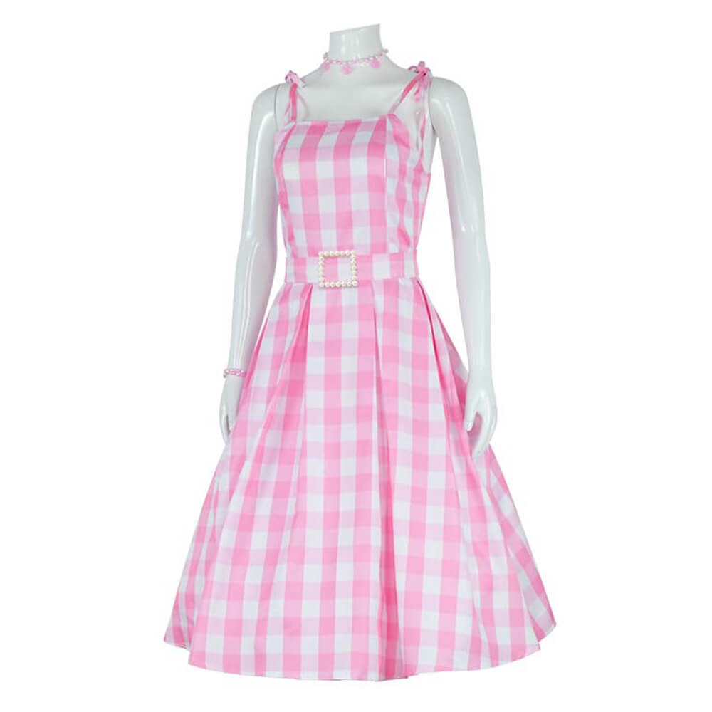 Movie Outfits Doll Babara Pink Plaid Dress with Earrings and Necklace