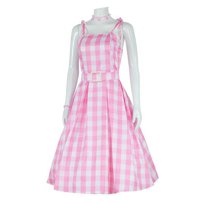 Movie Outfits Doll Babara Pink Plaid Dress with Earrings and Necklace