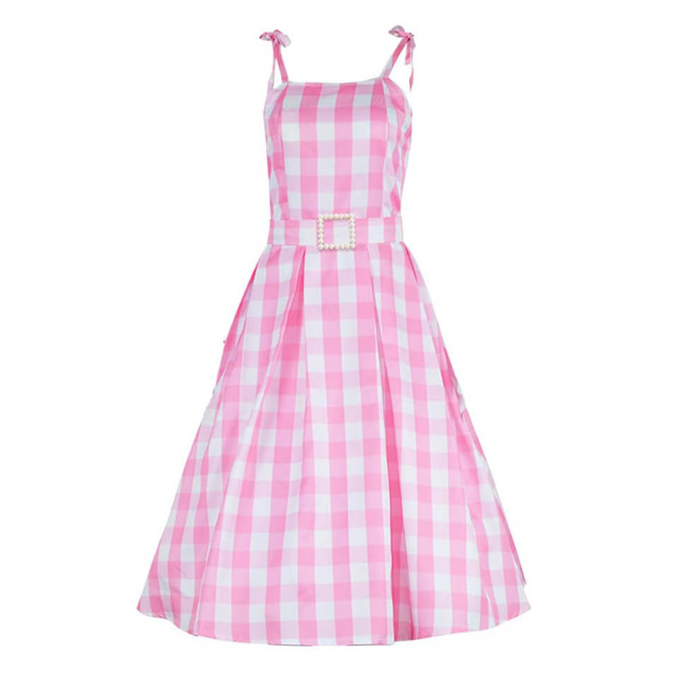 Movie Outfits Doll Babara Pink Plaid Dress with Earrings and Necklace