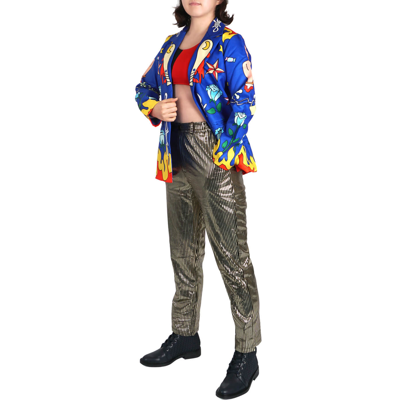 Women Harley Costume Joker Blue Blazer Pants and Vest 3pcs Suit for Halloween Carnival