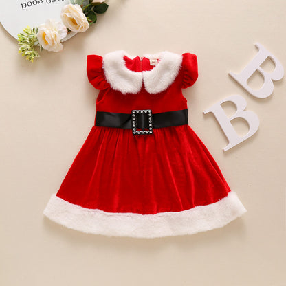 Infant Baby Grils Christmas Red Dress Kids Sleeveless Plush Lapel Collar Xmas Outfit