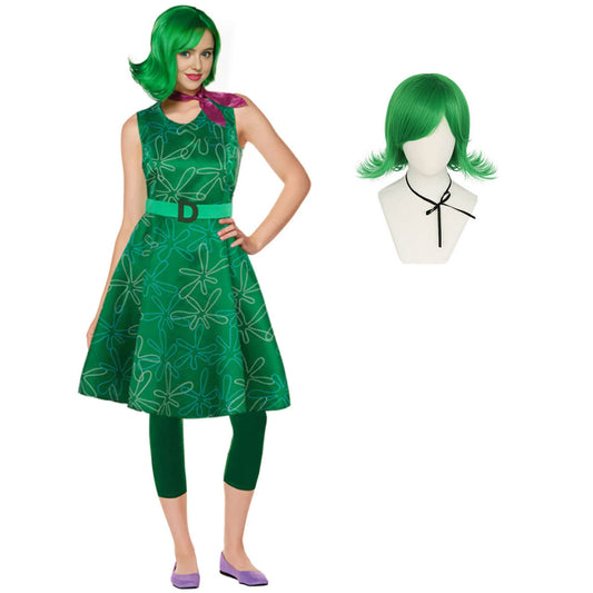 Green Disgust Dress with Matching Leggings and Scarf Adult Sleeveless High Waist Disgust Costume Set