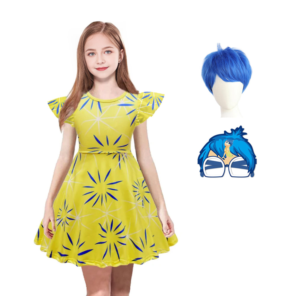 Joy Costume Kids Inside Movie Joy Cute Floral Pattern Flutter Sleeve Dress Wig Accessory for Halloween Party