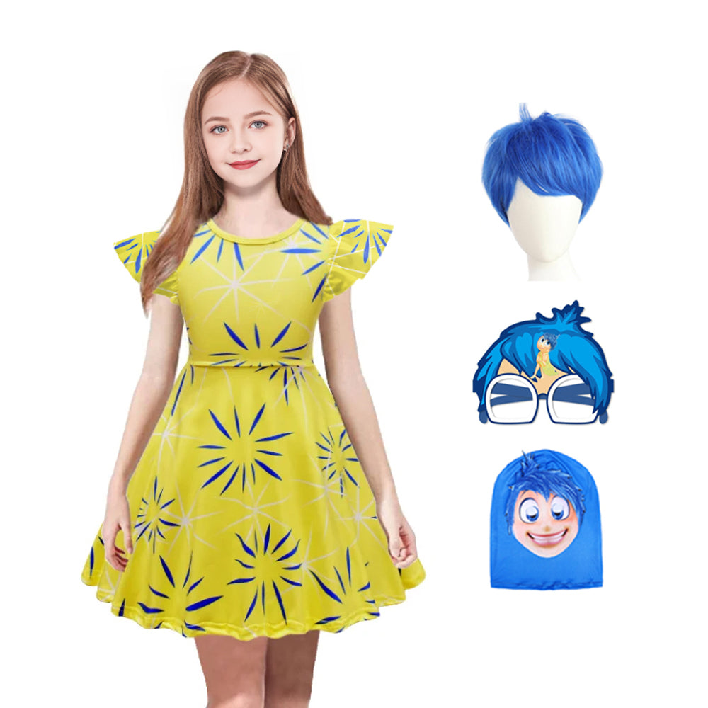 Joy Costume Kids Inside Movie Joy Cute Floral Pattern Flutter Sleeve Dress Wig Accessory for Halloween Party