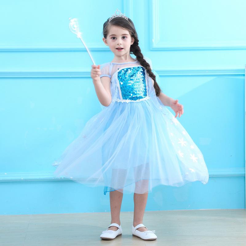 Girls Elsa Dress Summer Blue Snow Queen Birthday Dress Kids Princess Dress Halloween Costumes