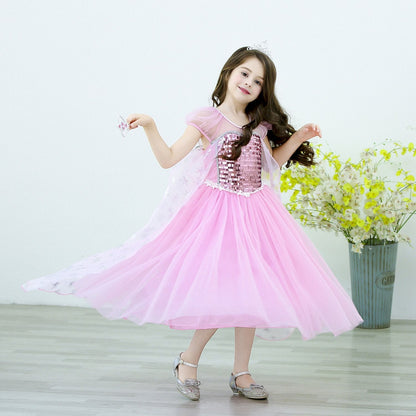 Kids Pink Elsa Dress Summer Party Dress Birthday Dress Up for Girls 3T-10 Years