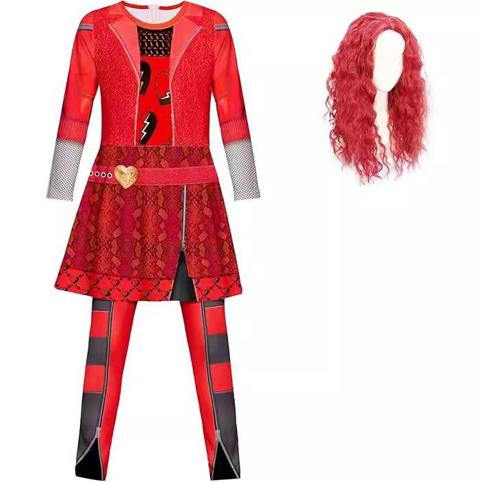 Girls Princess Red Costume Jumpsuit and Wig 2pcs Suit for Halloween Cosplay