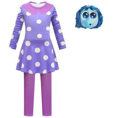 Girls Envy Cosplay Costume Inside 2 Out Envy Dress with Leggings Cloak and Mask for Carnival