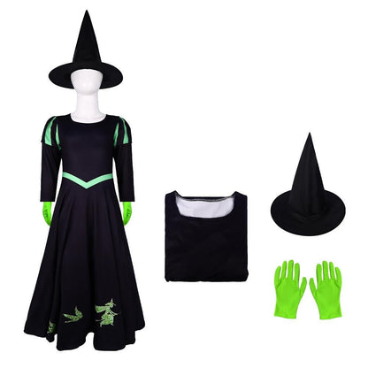 Kids Elphaba Costume Wicked of The West Witch Costume Black Dress with Gloves and Hat 3pcs Suit