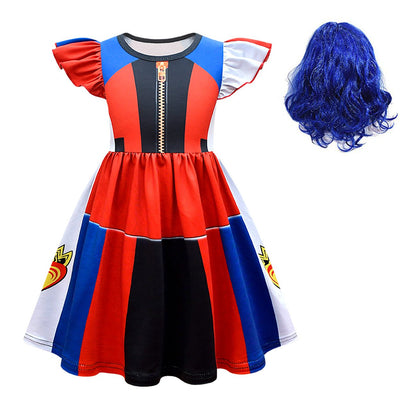 Girls Evie Costume Fly Sleeve Dress with Blue Wig for Halloween Cosplay